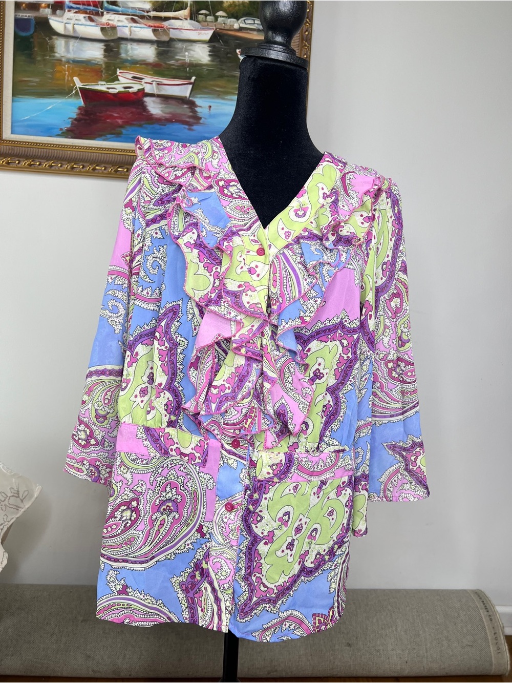 Sunny Leigh Paisley Ruffle V-Neck Blouse - Pink, Blue & Lime